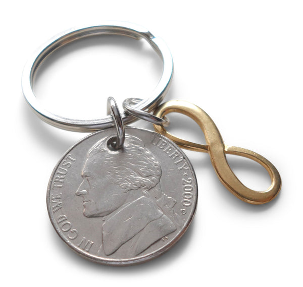 Custom 2002 Nickel Keychain with Solid Brass Infinity Charm, 21 Year Anniversary Gift, Husband Wife Key Chain, Boyfriend Girlfriend Gift, Customized Couples Keychain