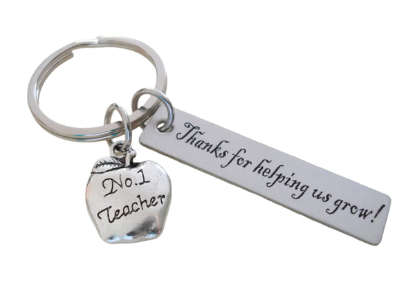 Teacher Appreciation Gifts • "Thanks for helping us grow" Engraved Steel Rectangle Tag w/ No.1 Teacher Apple Charm Keychain by JewelryEveryday