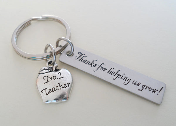 Teacher Appreciation Gifts • "Thanks for helping us grow" Engraved Steel Rectangle Tag w/ No.1 Teacher Apple Charm Keychain by JewelryEveryday