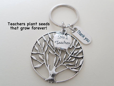 Teacher Appreciation Gifts • "Thank You" Tag, Large Filagree Tree Charm, & #1 Teacher Apple Charm Keychain by JewelryEveryday w/ "Teachers plant seeds that grow forever!" Card