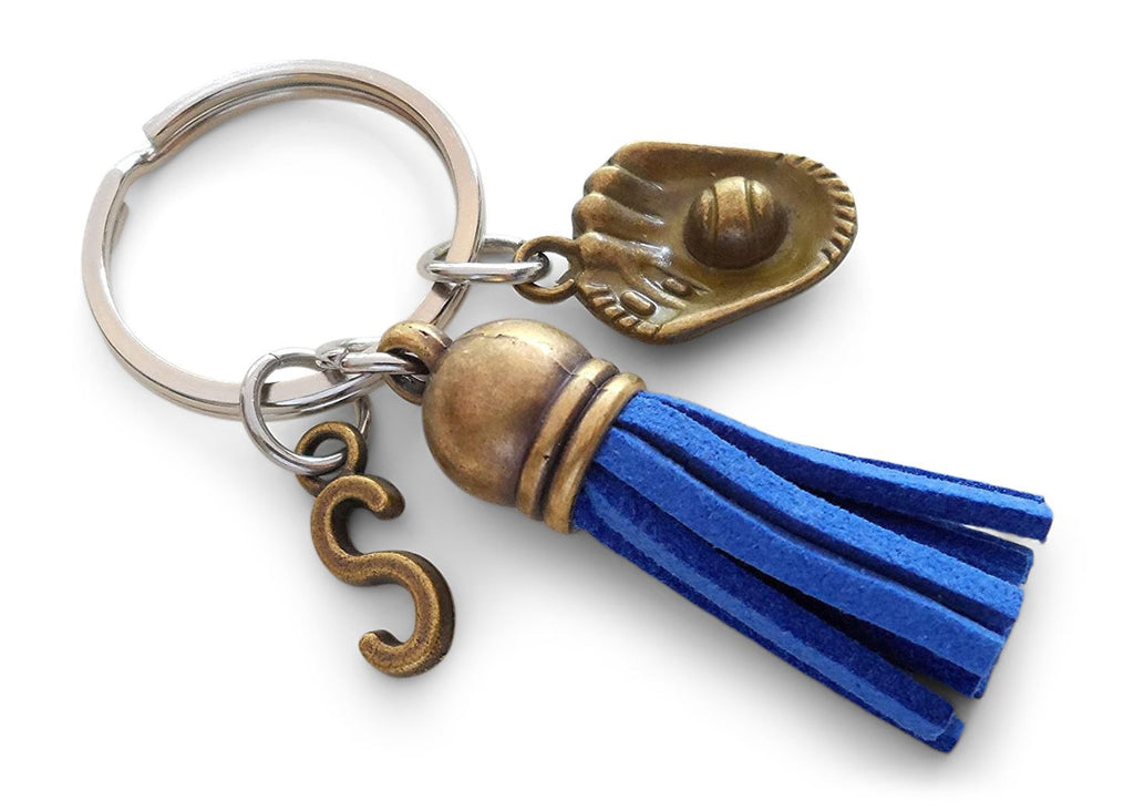 Custom Bronze Baseball Mitt Charm & Tassel Keychain with Add-on Letter Charm, Graduate Keychain, Baseball or Softball Player Keychain