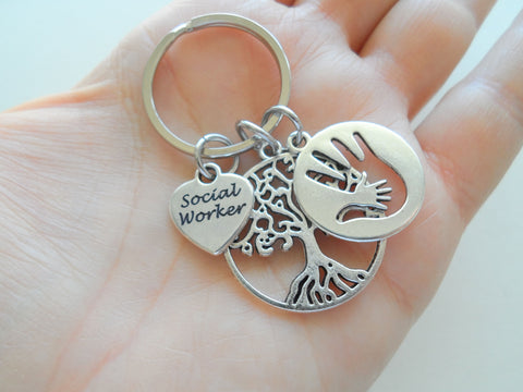 Social Worker Gift Keychain with Tree and Hand in Hand Disc Charm, Community Advocate Gift, Thank you Gift