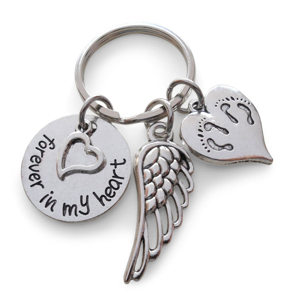 Forever in My Heart Twin Babies Memorial Keychain, Twins Feet Heart Charm & Wing Charm