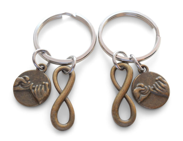 Double Keychain Set, Bronze Pinky Promise & Small Infinity Charm Keychains, Best Friend Gift