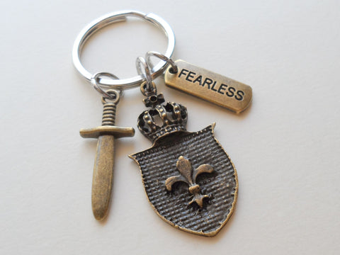 Bronze Shield, Sword, & Fearless Charm Keychain, Knight Keychain, Warrior Keychain, Fantasy Keychain