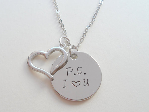 P.S. I Love You Necklace, Disc and Heart Charm Necklace