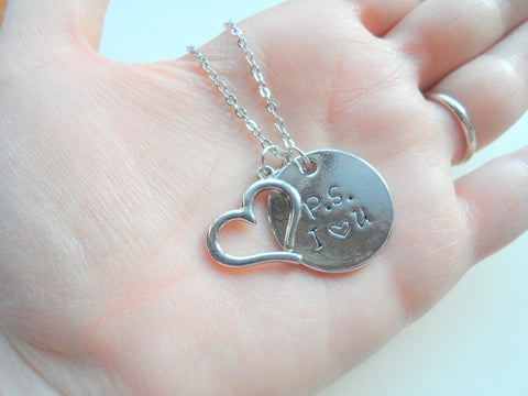 P.S. I Love You Necklace, Disc and Heart Charm Necklace