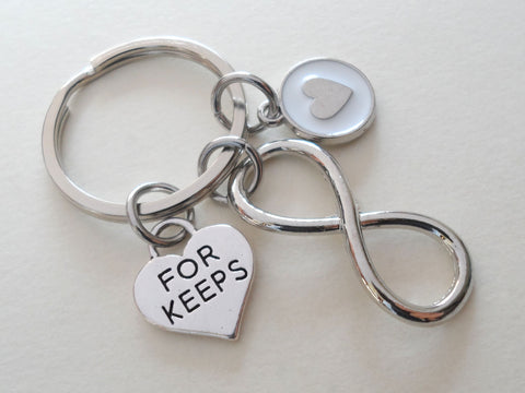 Infinity Symbol Keychain with "For Keeps" Heart & Heart Charm- You & Me For Infinity; Couples Keychain