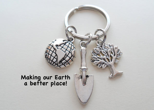 Volunteer Appreciation Gifts • Planet Earth, Tree & Shovel Charms Keychain by JewelryEveryday w/ "Making our Earth a better place" Card