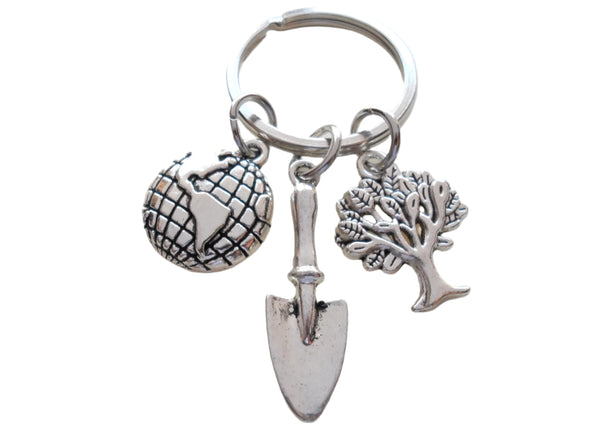 Volunteer Appreciation Gifts • Planet Earth, Tree & Shovel Charms Keychain by JewelryEveryday w/ "Making our Earth a better place" Card