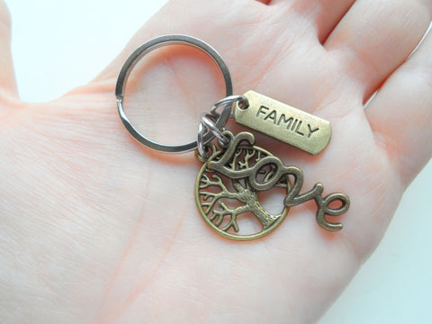 Bronze Family Tree Charm Keychain with Love Charm, Family Reunion Gift