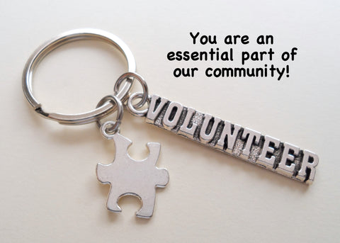 Volunteer Appreciation Gifts • "VOLUNTEER" Tag & Puzzle Piece Charm by JewelryEveryday w/ "You are an essential part of our community" Card