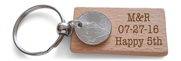 Custom Personalized Wood & Nickel Keychain, Custom Engraved 5 Year Anniversary Keychain, Husband Wife Key Chain, Boyfriend Girlfriend Gift, Customized Couples Keychain