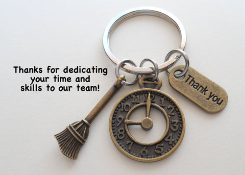 Housekeeping Appreciation Gift Keychain; Bronze Clock, Broom, Thank You Charm Keychain