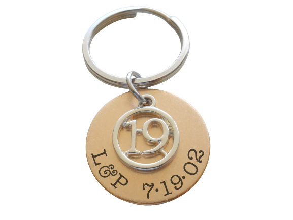 Custom Engraved Bronze Disc with Number 19 Charm Keychain, 19 Year Anniversary Gift Keychain, Personalized Engraved Keychain