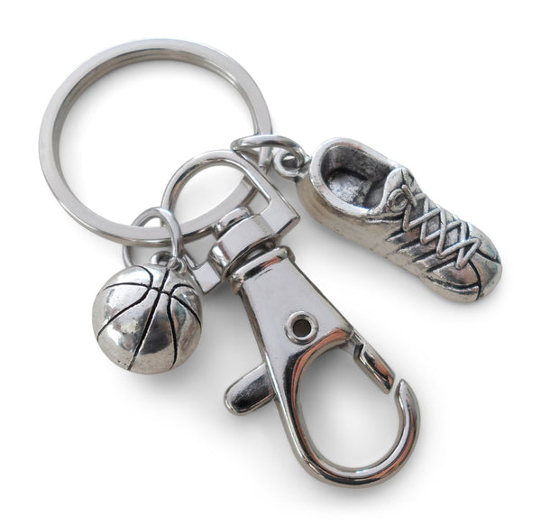 Basketball Charm Keychain with Sneaker Shoe Charm and Swivel Clasp Hook, Basketball Player Keychain