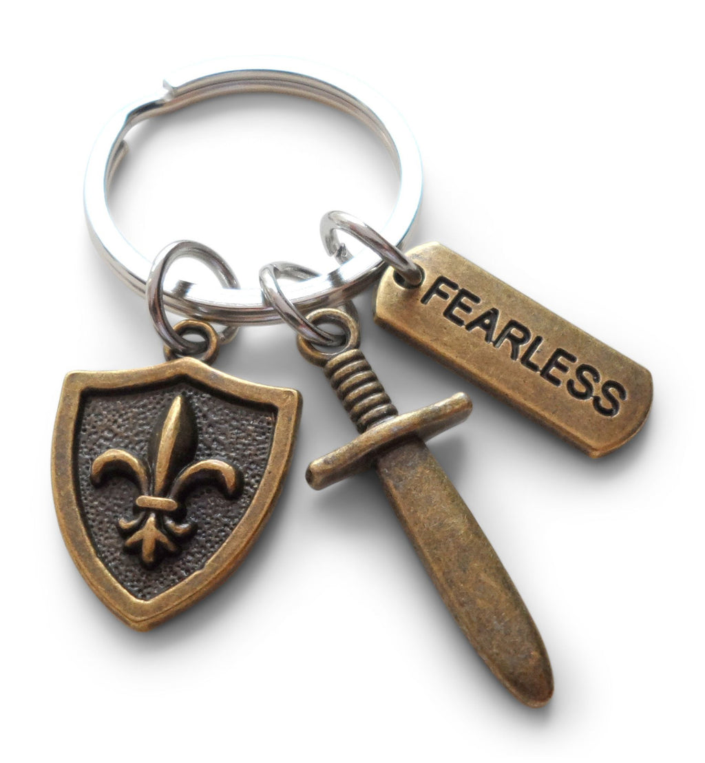Bronze Sword, Small Shield & Fearless Charm Keychain, Knight Keychain, Warrior Keychain, Fantasy Keychain