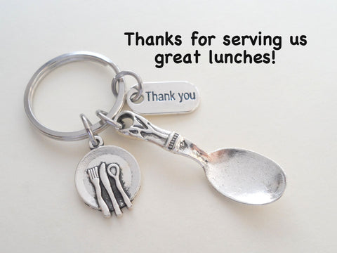 Lunch Server Spoon, Plate, and Thank You Charm Keychain, School Lunch Serving Staff Appreciation Gift