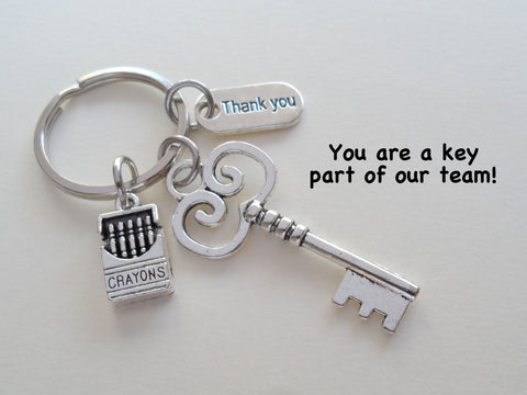 Key and Crayons Charm Keychain with Thank You Charm, School Teacher Appreciation Gift