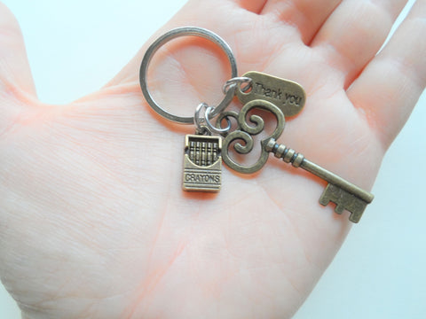 Bronze Key and Crayons Charm Keychain with Thank You Charm, School Teacher Appreciation Gift