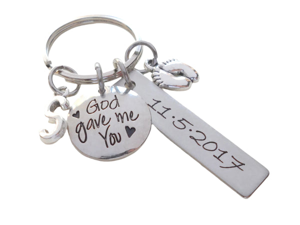 God Gave Me You Keychain With Custom Engraved Tag and Baby Feet Charm