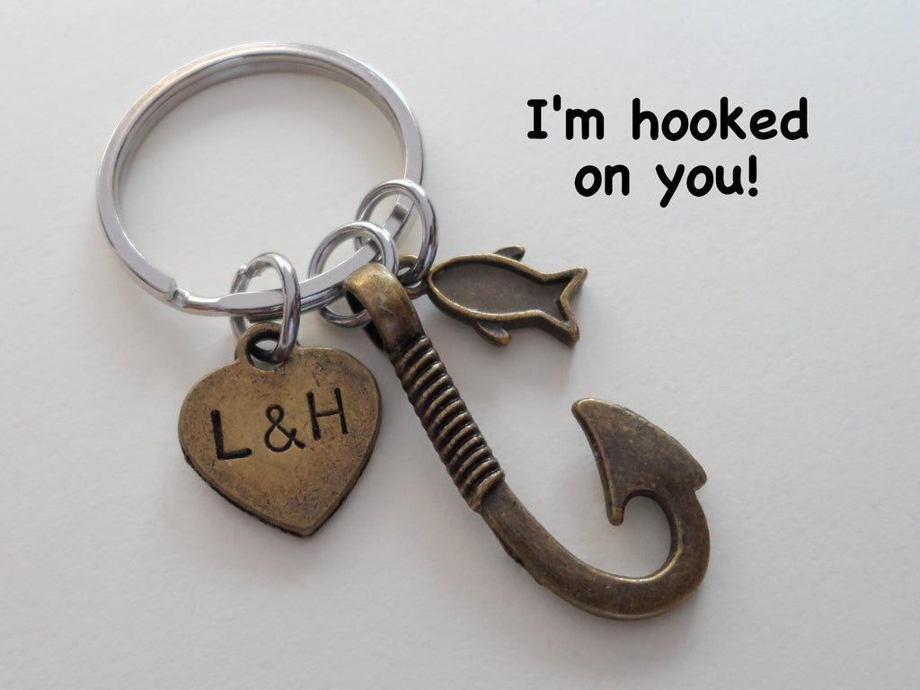 Personalized Bronze Fish Hook Keychain with Tiny Fish Charm - I'm Hooked On You; Couples Keychain