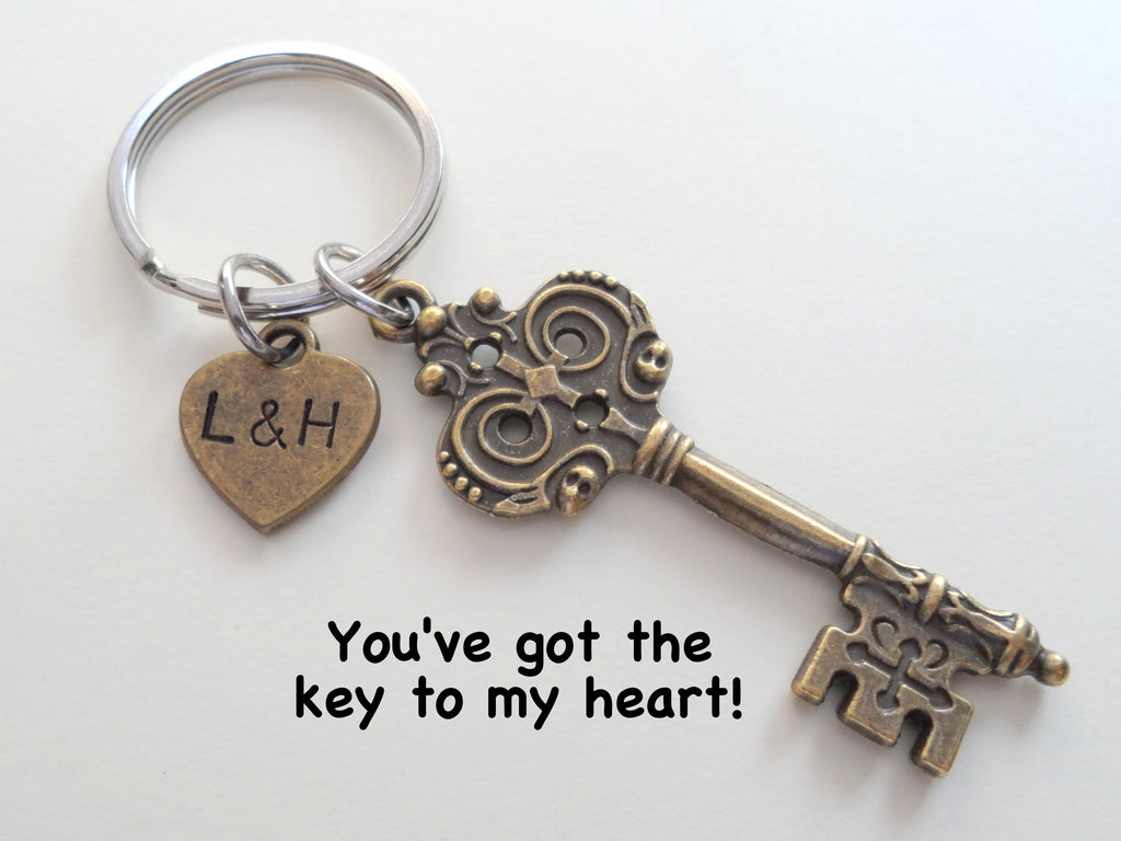 Custom Engraved Bronze Key Charm Keychain - You've Got the Key to My Heart; Couples Keychain