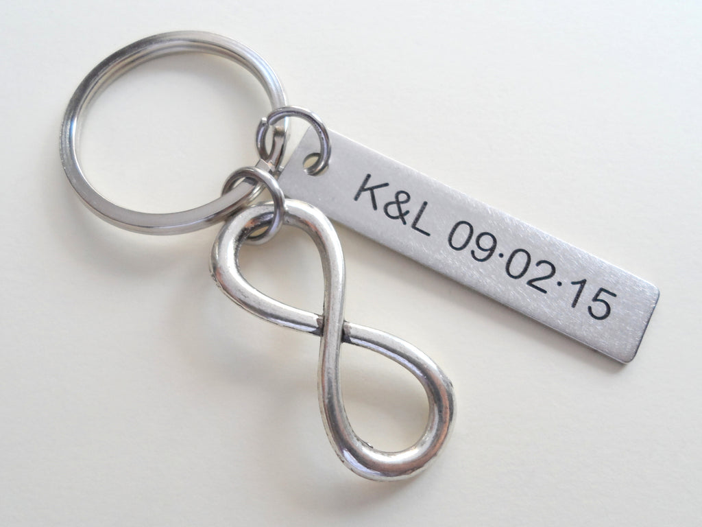 Custom Engraved Stainless Steel Tag Keychain and Infinity Symbol Charm Keychain; Couples Keychain