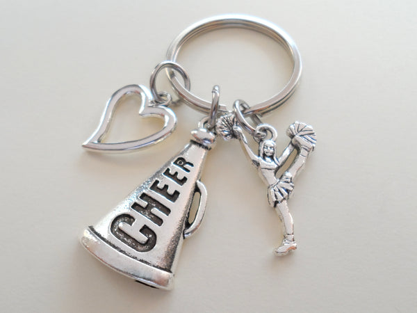 Cheerleader Keychain with Cheer Megaphone and Heart Charm, Gift for Cheerleader or Cheer Coach