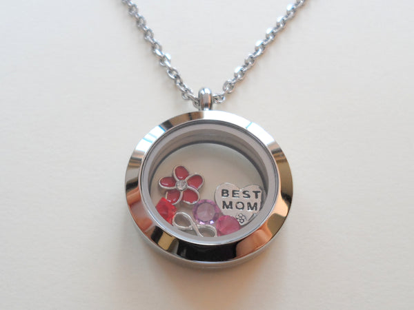 Personalized Medium Plain Edge Circle Stainless Steel Floating Locket Necklace for Mother or Grandma - by Jewelry Everyday