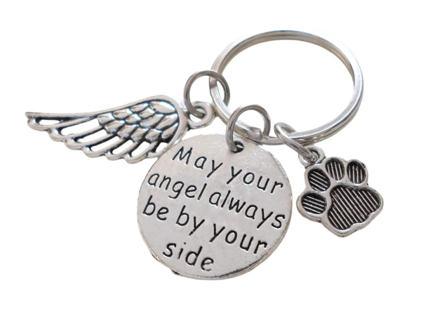 Wing & Paw Charm Keychain with Saying Disc "May Your Angel Always Be By Your Side", Add-on Charm Options