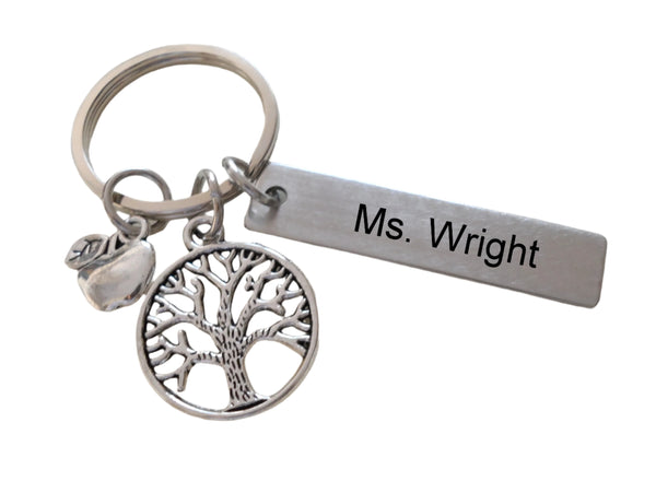 Teacher Appreciation Gifts • Custom Engraved Steel Rectangle Tag w/ Tree & Apple Charm Keychain by JewelryEveryday