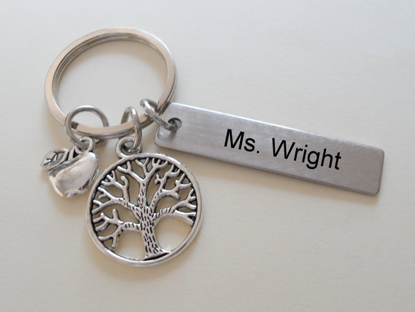 Teacher Appreciation Gifts • Custom Engraved Steel Rectangle Tag w/ Tree & Apple Charm Keychain by JewelryEveryday
