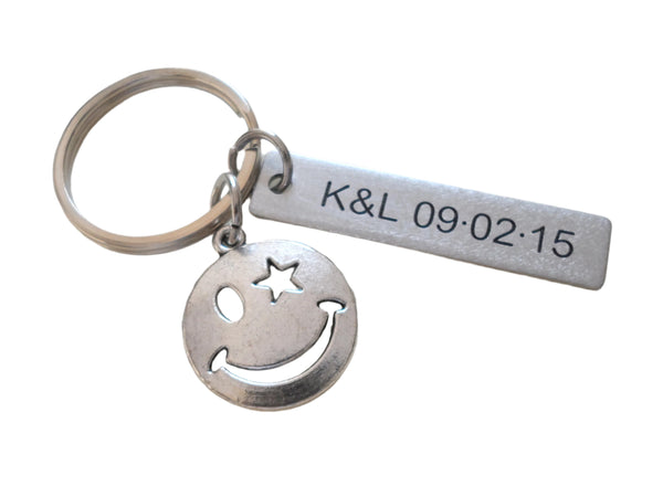 Smiley Face Keychain with Custom Engraved Steel Tag, Couples Keychain