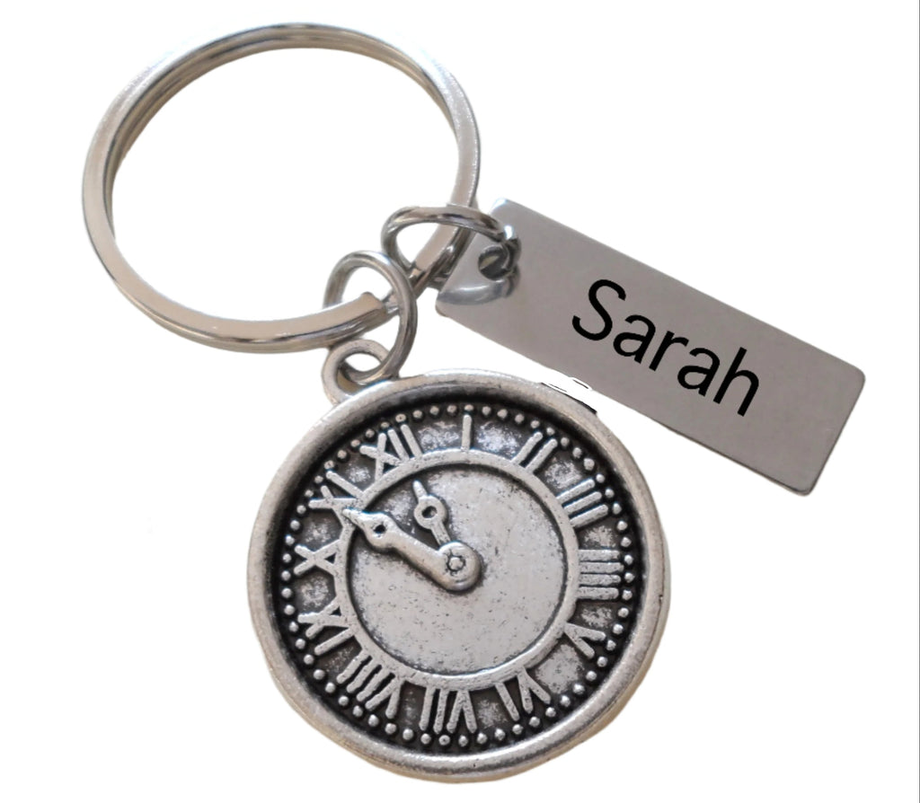 Silver Clock Charm Keychain with Custom Engraved Tag, Employee, Volunteer Appreciation Gifts