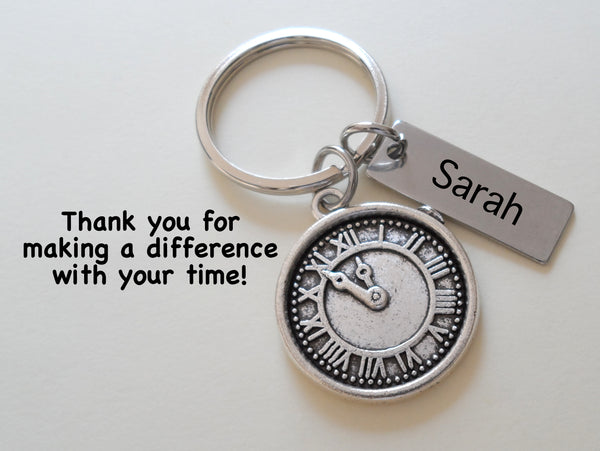 Silver Clock Charm Keychain with Custom Engraved Tag, Employee, Volunteer Appreciation Gifts