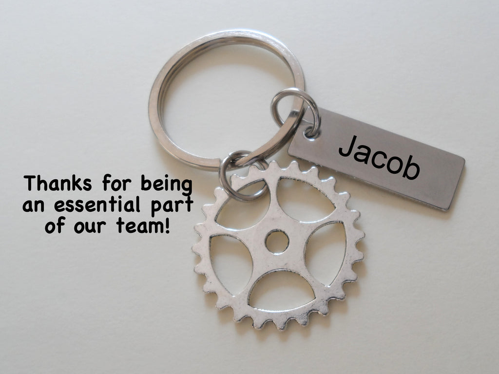 Employee Appreciation Gifts • Silver Gear Keychain with Custom Engraved Tag by JewelryEveryday w/ "Thanks for being an essential part of our team!" Card