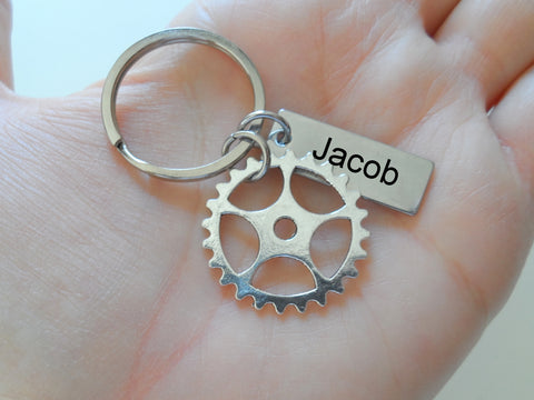 Employee Appreciation Gifts • Silver Gear Keychain with Custom Engraved Tag by JewelryEveryday w/ "Thanks for being an essential part of our team!" Card