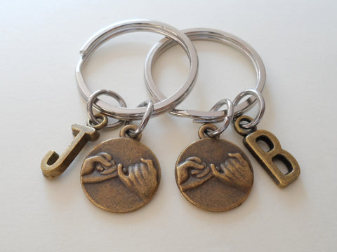 Double Bronze Pinky Promise Charm Keychains; Couple Keychains, Promise Gift with Letter Charm Option