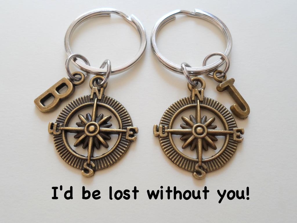 Personalized & Matching Couples/Friends Compass Keychains with Customizable Letter Charms