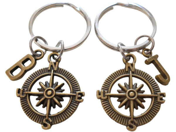 Personalized & Matching Couples/Friends Compass Keychains with Customizable Letter Charms