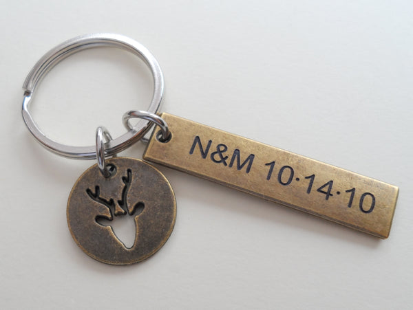 Deer Charm Keychain, Couples Keychain, Anniversary Gift for Boyfriend, Gift for Husband, Custom Engraved Keychain, Customized Hunters Gift