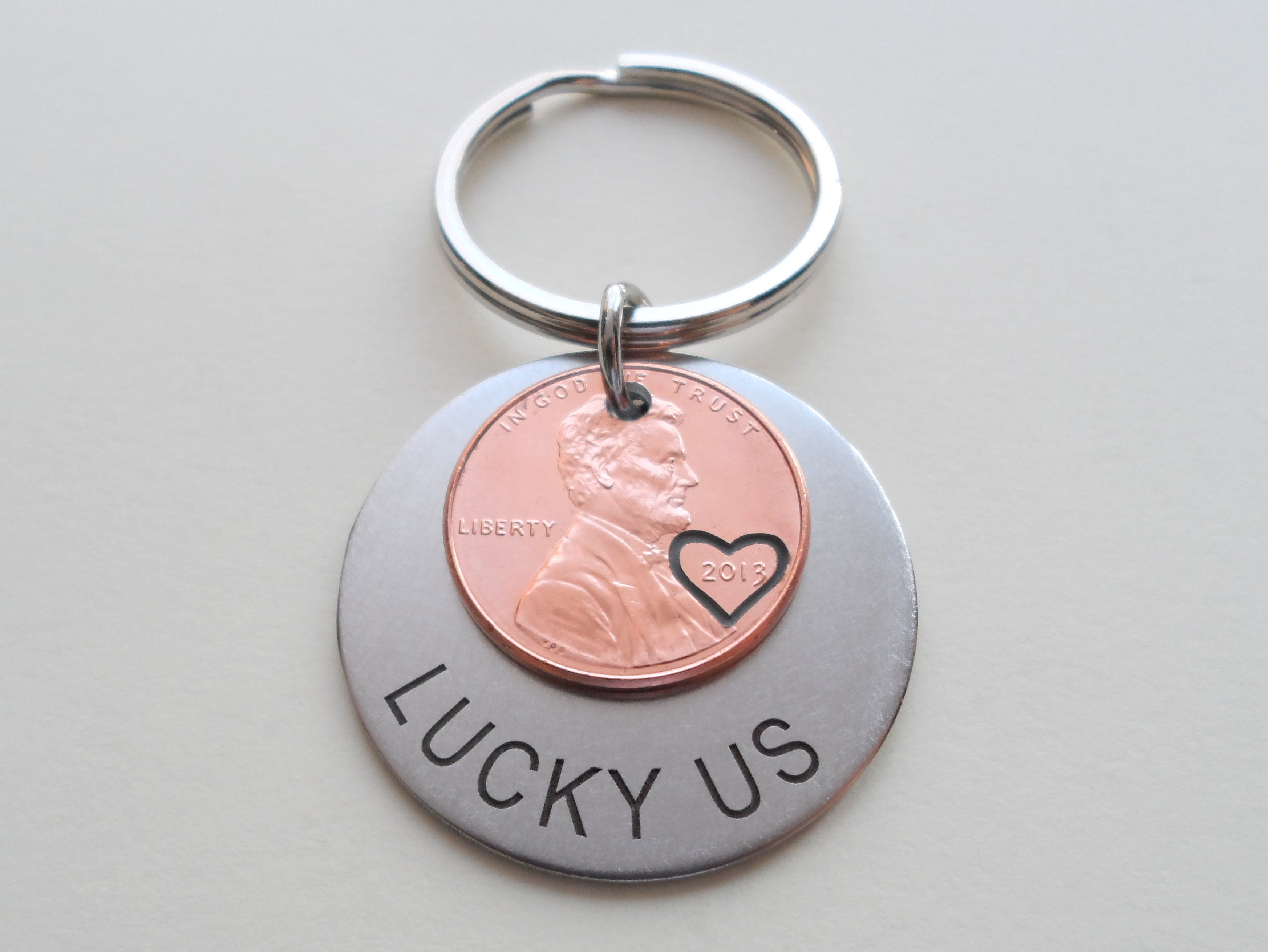 Lucky Us Steel Disc Keychain Layered with Penny with Heart Around Year JewelryEveryday