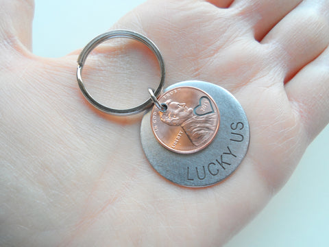 Steel Disc & 2013 Penny Keychain Hand Stamped "Lucky Us"; 9 Year Anniversary Gift, Couples Keychain