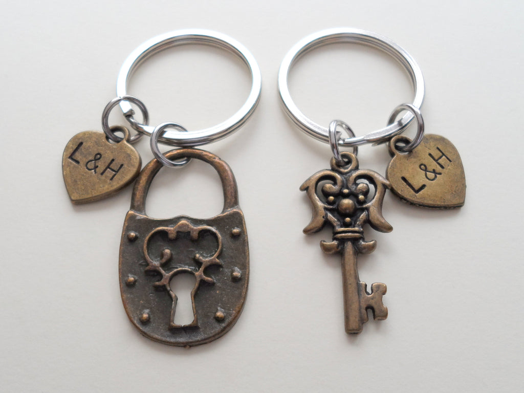 Personalized & Matching Couples Lock & Key Keychain Set w/ Customizable Heart Tag