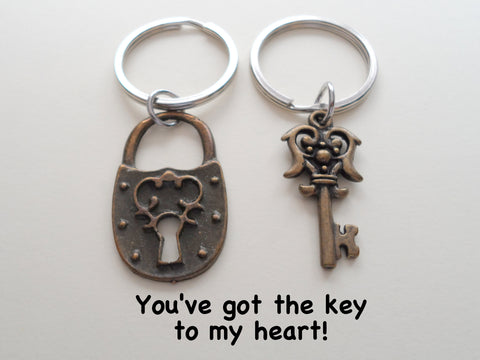 Bronze Scroll Lock and Key Keychain Set - You've Got the Key to My Heart; Couples Keychain Set