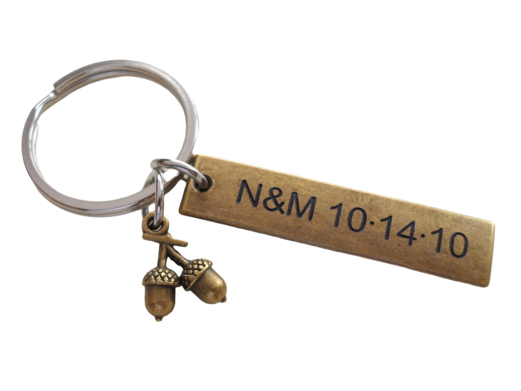 Acorns and Bronze Tag Keychain Custom Engraved, Anniversary Gift