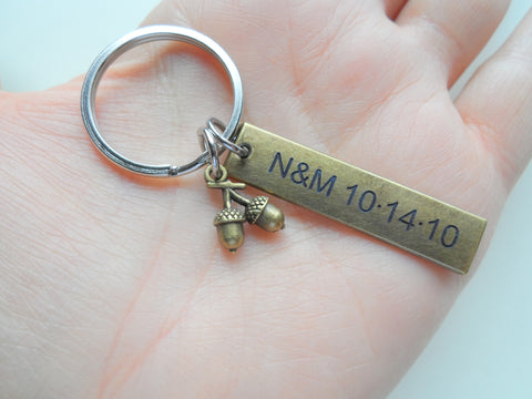 Acorns and Bronze Tag Keychain Custom Engraved, Anniversary Gift
