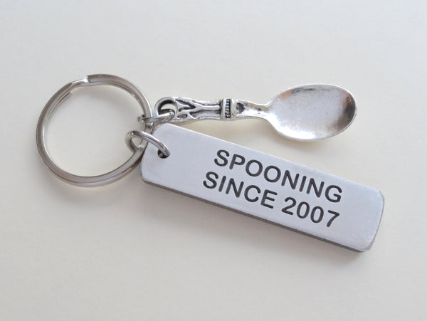 Custom Engraved "Spooning Since" Aluminum Keychain with Spoon Charm, Anniversary Gift, Option to Customize