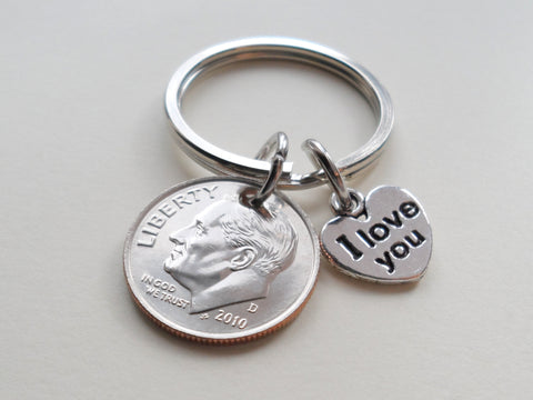 10 Year Anniversary Gift • 2012 Dime Keychain w/ I love You Charm by Jewelry Everyday, Custom Options